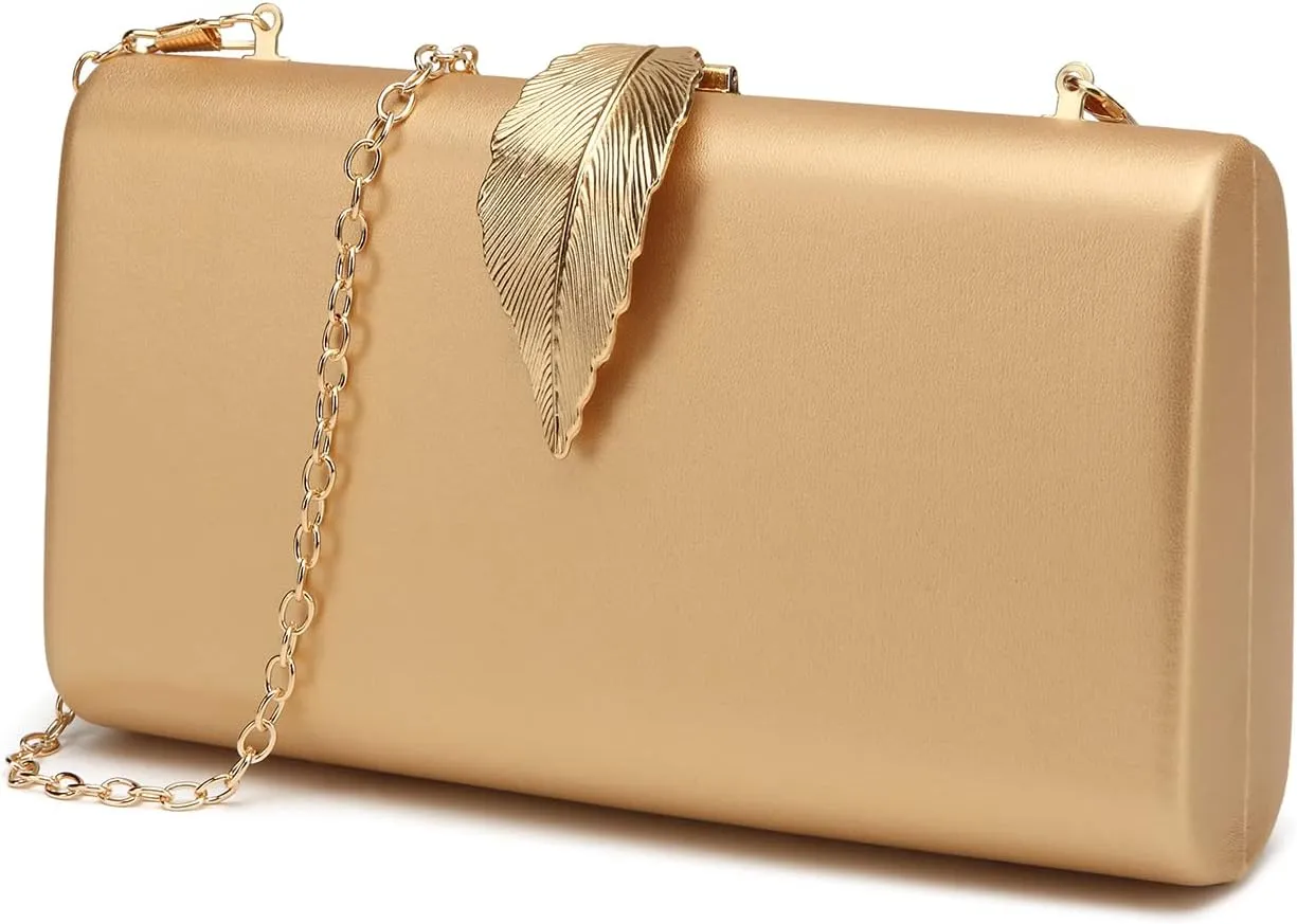 Women's Fashion Evening Bags with Golden Leaves Crossbody Shoulder Handbag Chain Removable