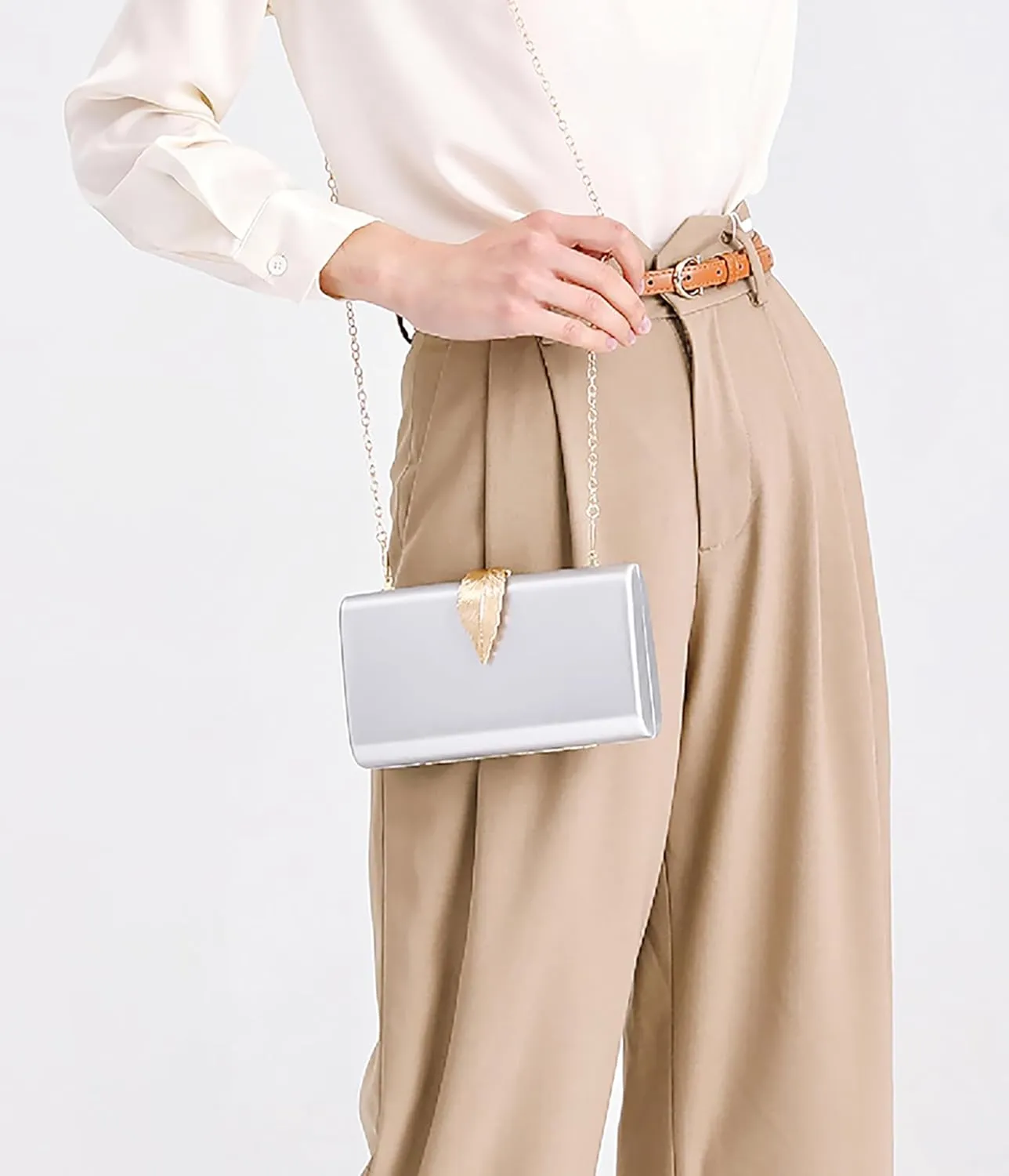 Women's Fashion Evening Bags with Golden Leaves Crossbody Shoulder Handbag Chain Removable