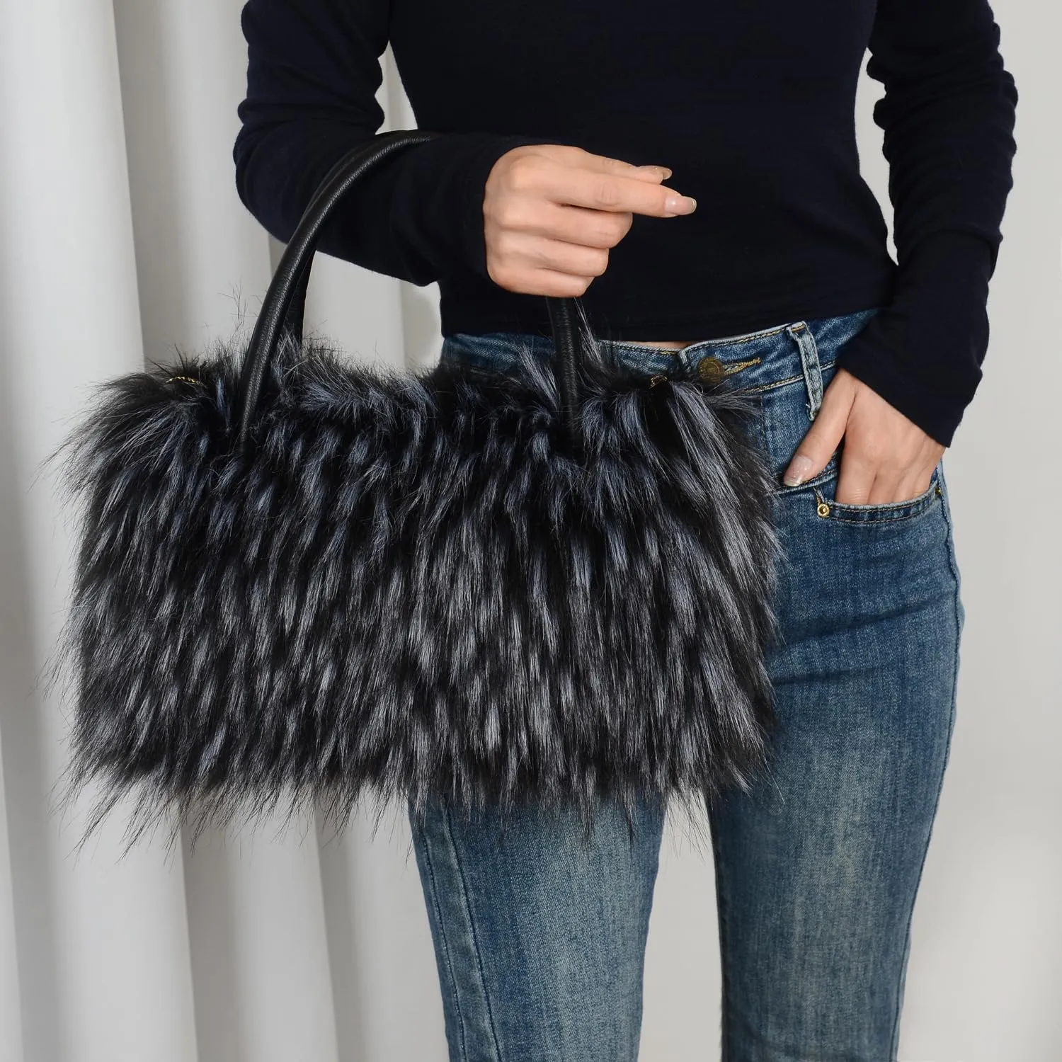 Womens Faux Fur Shoulder Bag Furry Purse Handbag Crossbody Bag with Shoulder Strap
