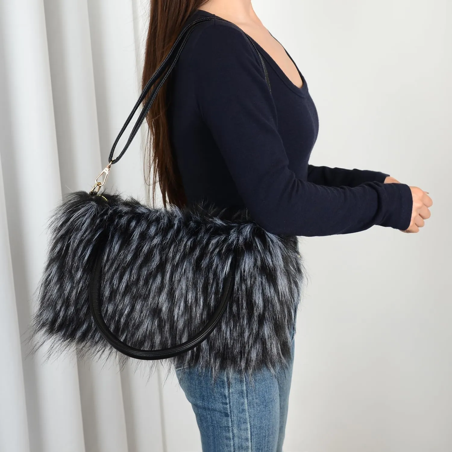 Womens Faux Fur Shoulder Bag Furry Purse Handbag Crossbody Bag with Shoulder Strap
