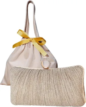 Womens Golden Glitter Clutch Purse Pleated Evening Bag for Bridal Wedding Party with Rhinestone Ring