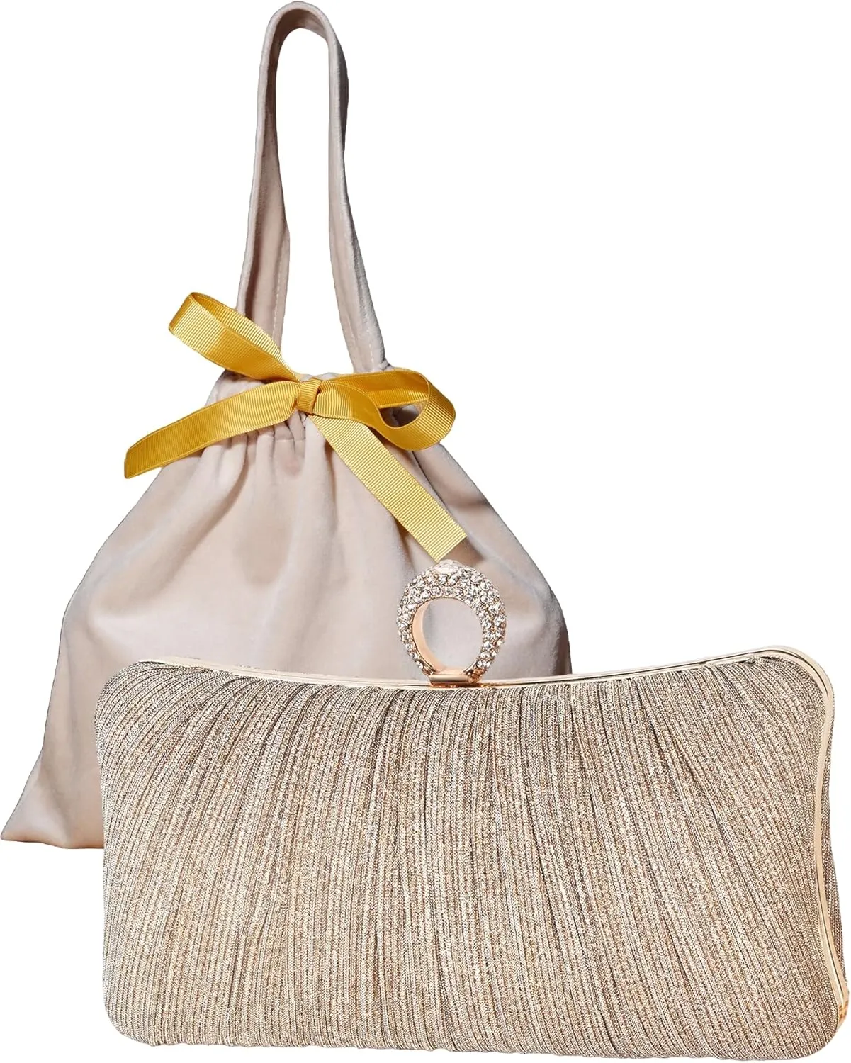Womens Golden Glitter Clutch Purse Pleated Evening Bag for Bridal Wedding Party with Rhinestone Ring