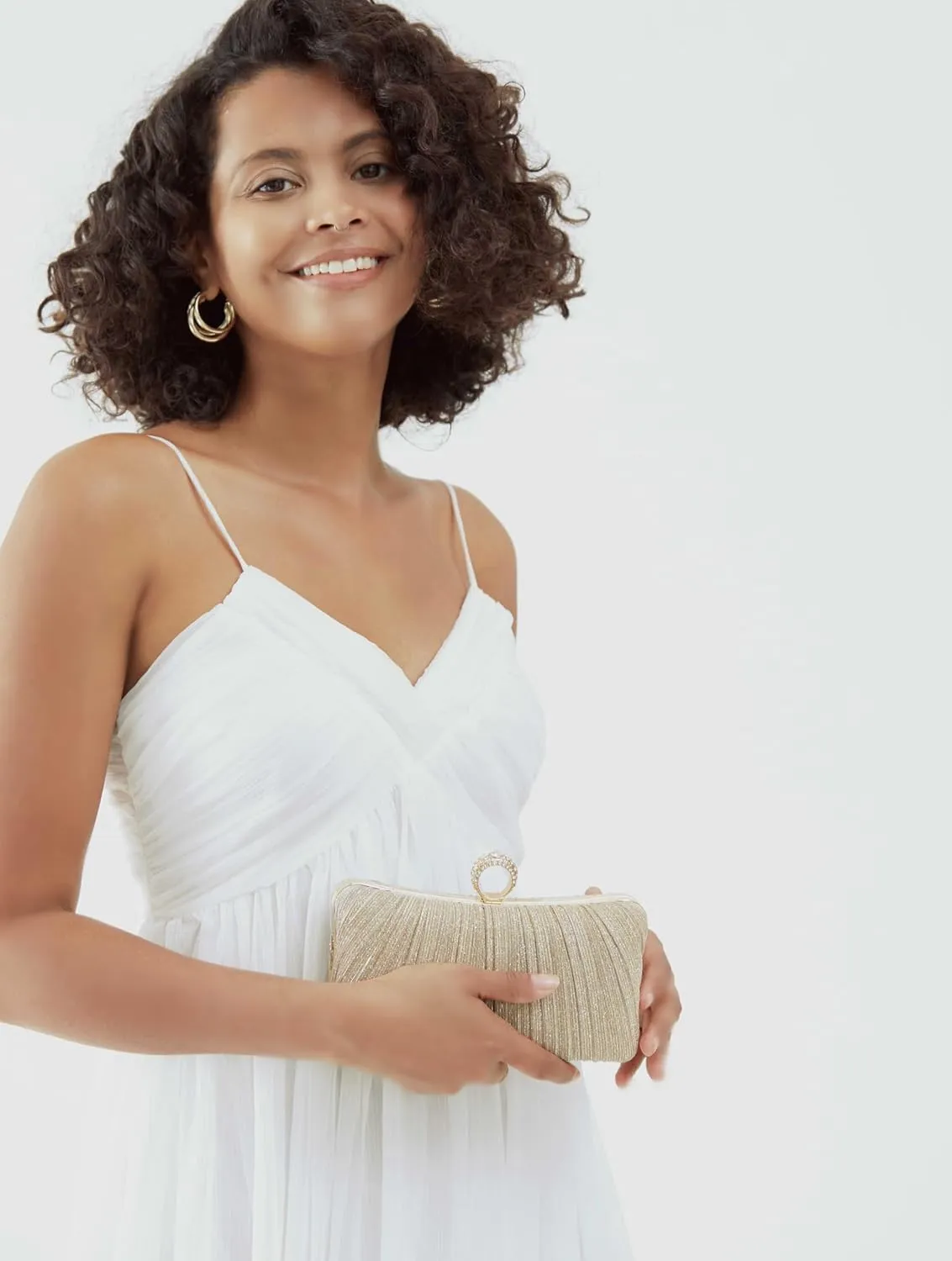 Womens Golden Glitter Clutch Purse Pleated Evening Bag for Bridal Wedding Party with Rhinestone Ring