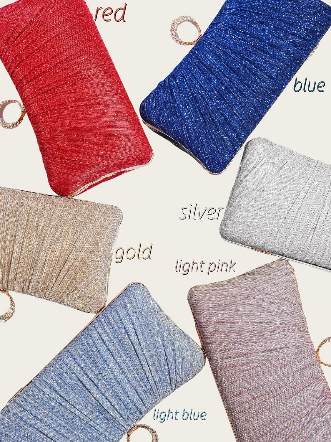Womens Golden Glitter Clutch Purse Pleated Evening Bag for Bridal Wedding Party with Rhinestone Ring