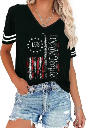 Women's July 4th Patterned USA Flag Patriotic T-Shirt 1776 Retro Casual Shirt Summer Casual Loose Sexy Joker top