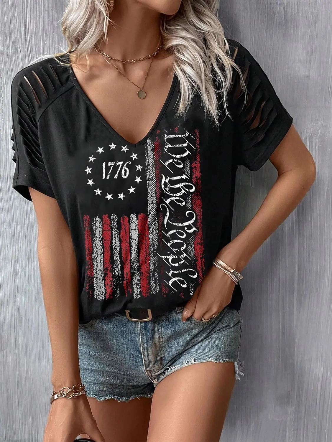 Women's July 4th Patterned USA Flag Patriotic T-Shirt 1776 Retro Casual Shirt Summer Casual Loose Sexy Joker top