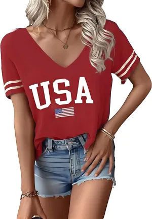 Women's July 4th Patterned USA Flag Patriotic T-Shirt 1776 Retro Casual Shirt Summer Casual Loose Sexy Joker top