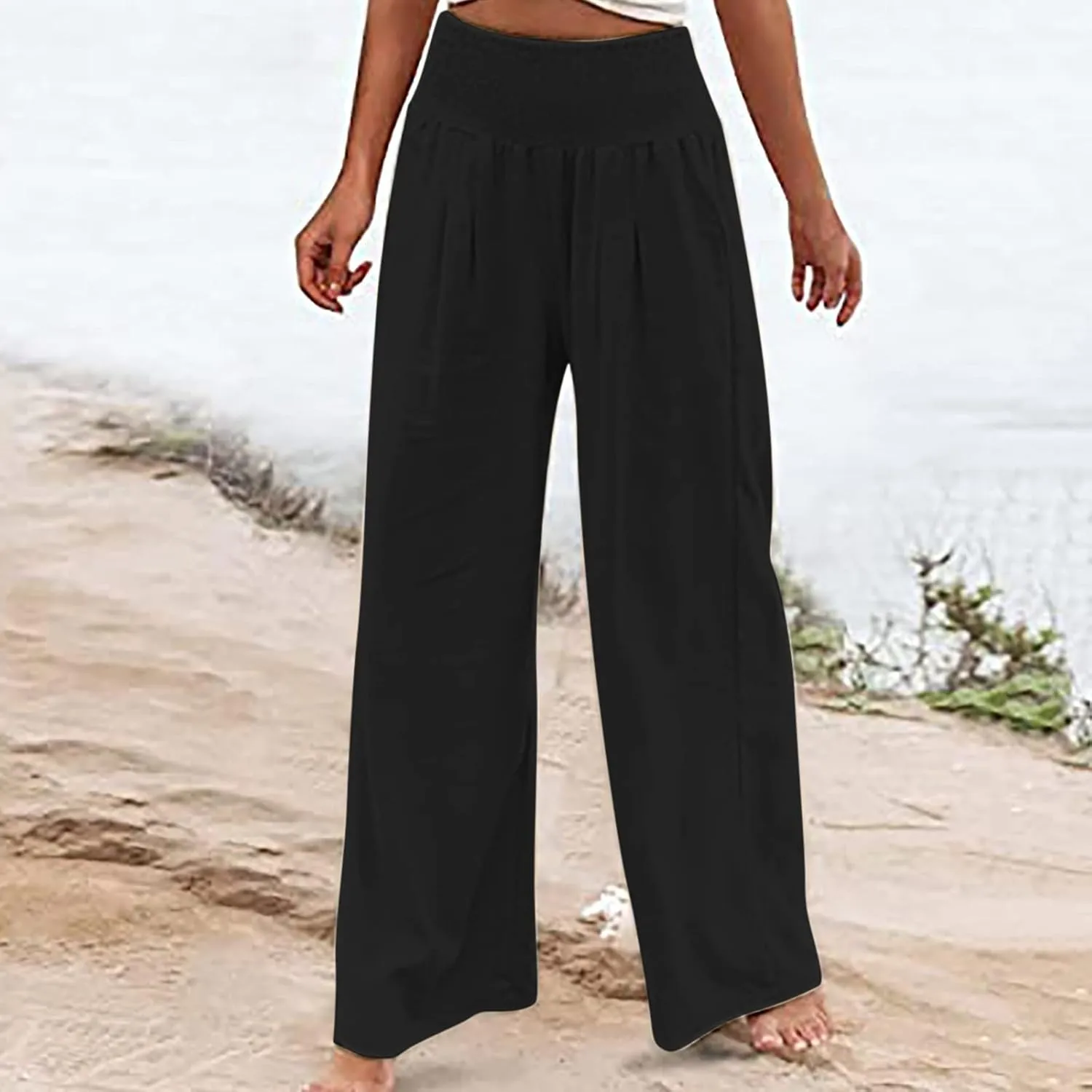 Womens Linen Wide Leg Pants Elastic High Rise Plus Size Paperbag Pants Summer Cotton Flowy Patterned Tall Yoga Pants