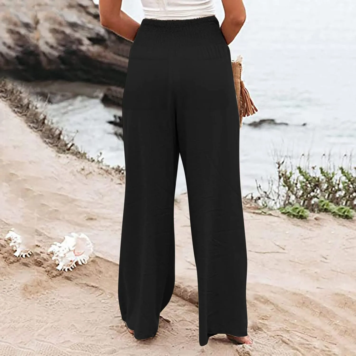 Womens Linen Wide Leg Pants Elastic High Rise Plus Size Paperbag Pants Summer Cotton Flowy Patterned Tall Yoga Pants