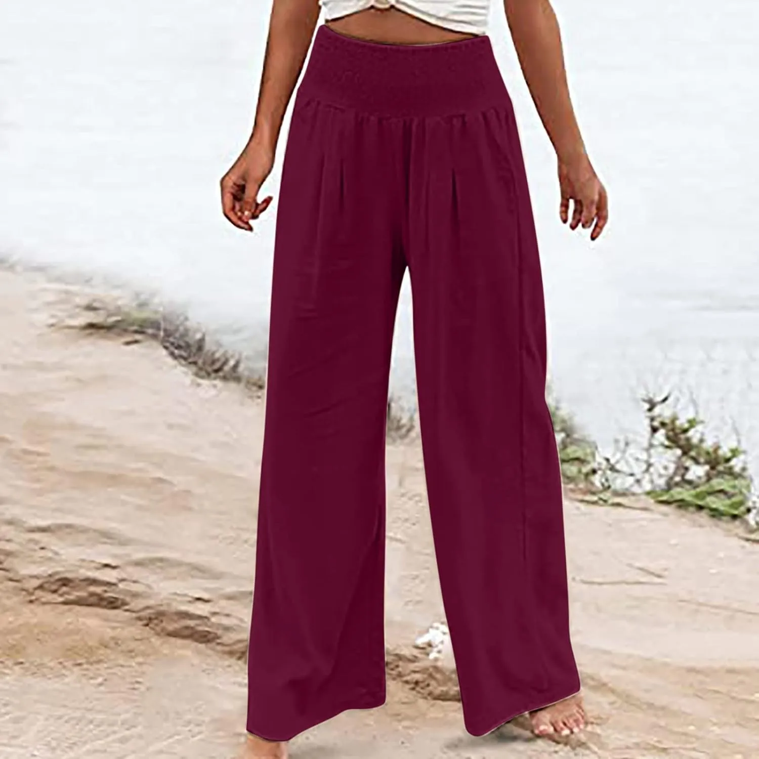 Womens Linen Wide Leg Pants Elastic High Rise Plus Size Paperbag Pants Summer Cotton Flowy Patterned Tall Yoga Pants
