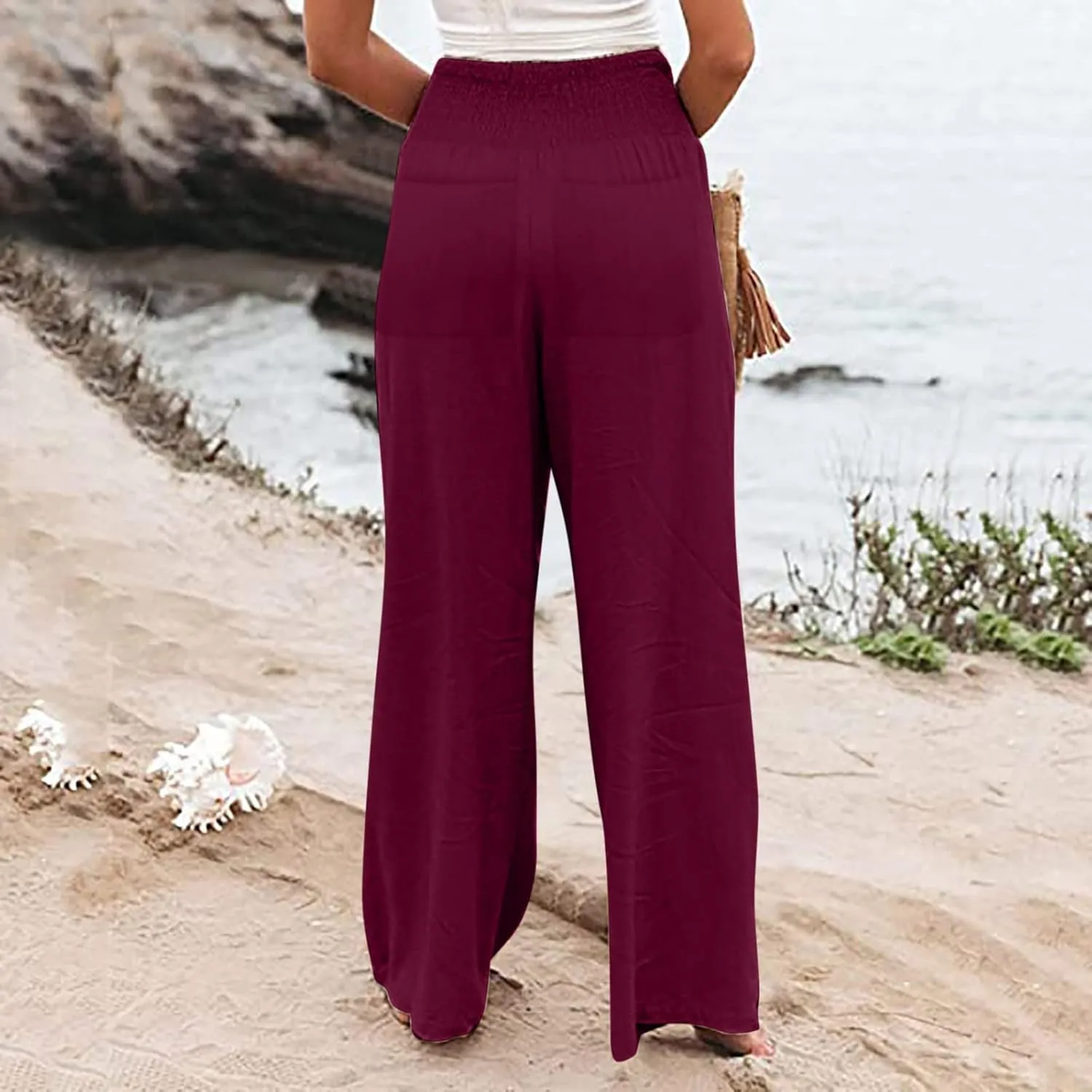 Womens Linen Wide Leg Pants Elastic High Rise Plus Size Paperbag Pants Summer Cotton Flowy Patterned Tall Yoga Pants
