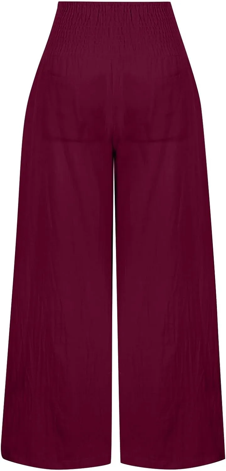 Womens Linen Wide Leg Pants Elastic High Rise Plus Size Paperbag Pants Summer Cotton Flowy Patterned Tall Yoga Pants