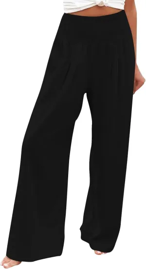 Womens Linen Wide Leg Pants Elastic High Rise Plus Size Paperbag Pants Summer Cotton Flowy Patterned Tall Yoga Pants