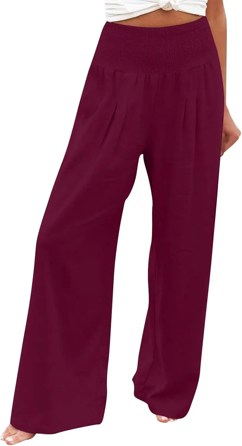 Womens Linen Wide Leg Pants Elastic High Rise Plus Size Paperbag Pants Summer Cotton Flowy Patterned Tall Yoga Pants