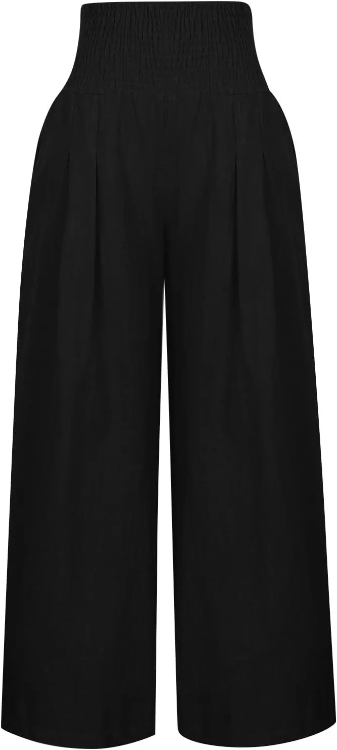 Womens Linen Wide Leg Pants Elastic High Rise Plus Size Paperbag Pants Summer Cotton Flowy Patterned Tall Yoga Pants