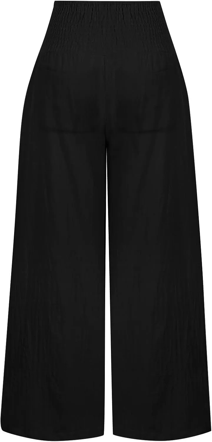 Womens Linen Wide Leg Pants Elastic High Rise Plus Size Paperbag Pants Summer Cotton Flowy Patterned Tall Yoga Pants