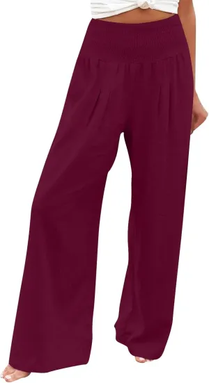 Womens Linen Wide Leg Pants Elastic High Rise Plus Size Paperbag Pants Summer Cotton Flowy Patterned Tall Yoga Pants