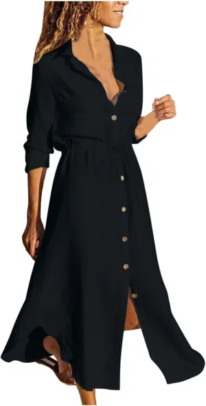 Women's Long Sleeve Cotton Linen Midi Dresses Solid Color Collared Tunic Dress Button Up Casual Beach Long Dress