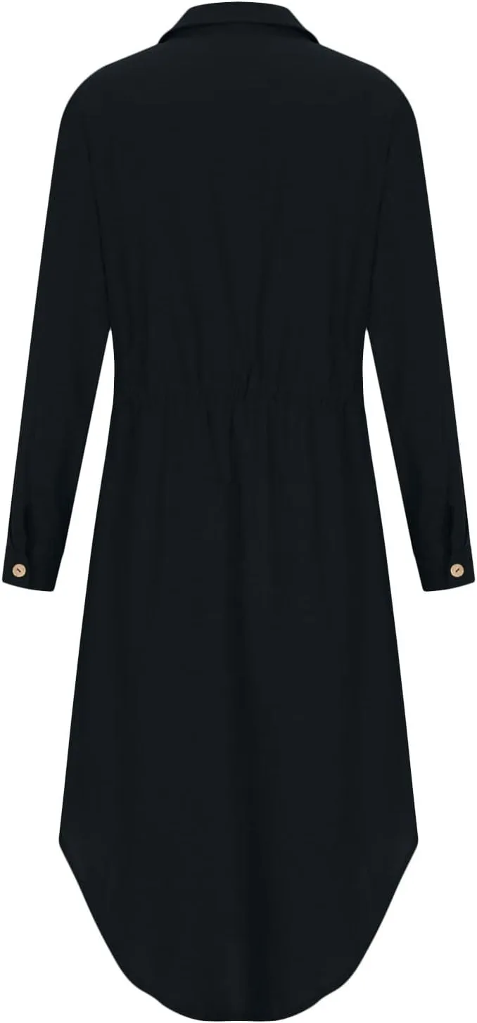 Women's Long Sleeve Cotton Linen Midi Dresses Solid Color Collared Tunic Dress Button Up Casual Beach Long Dress