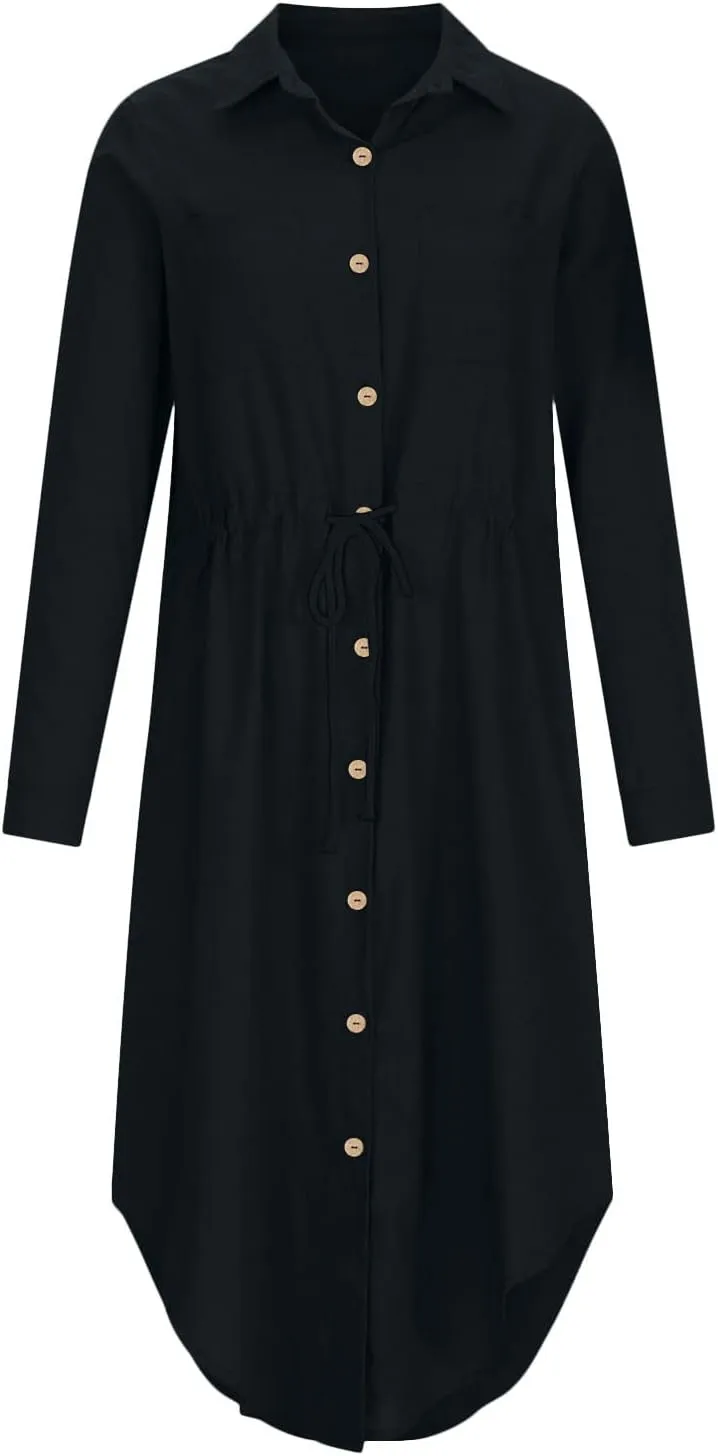 Women's Long Sleeve Cotton Linen Midi Dresses Solid Color Collared Tunic Dress Button Up Casual Beach Long Dress