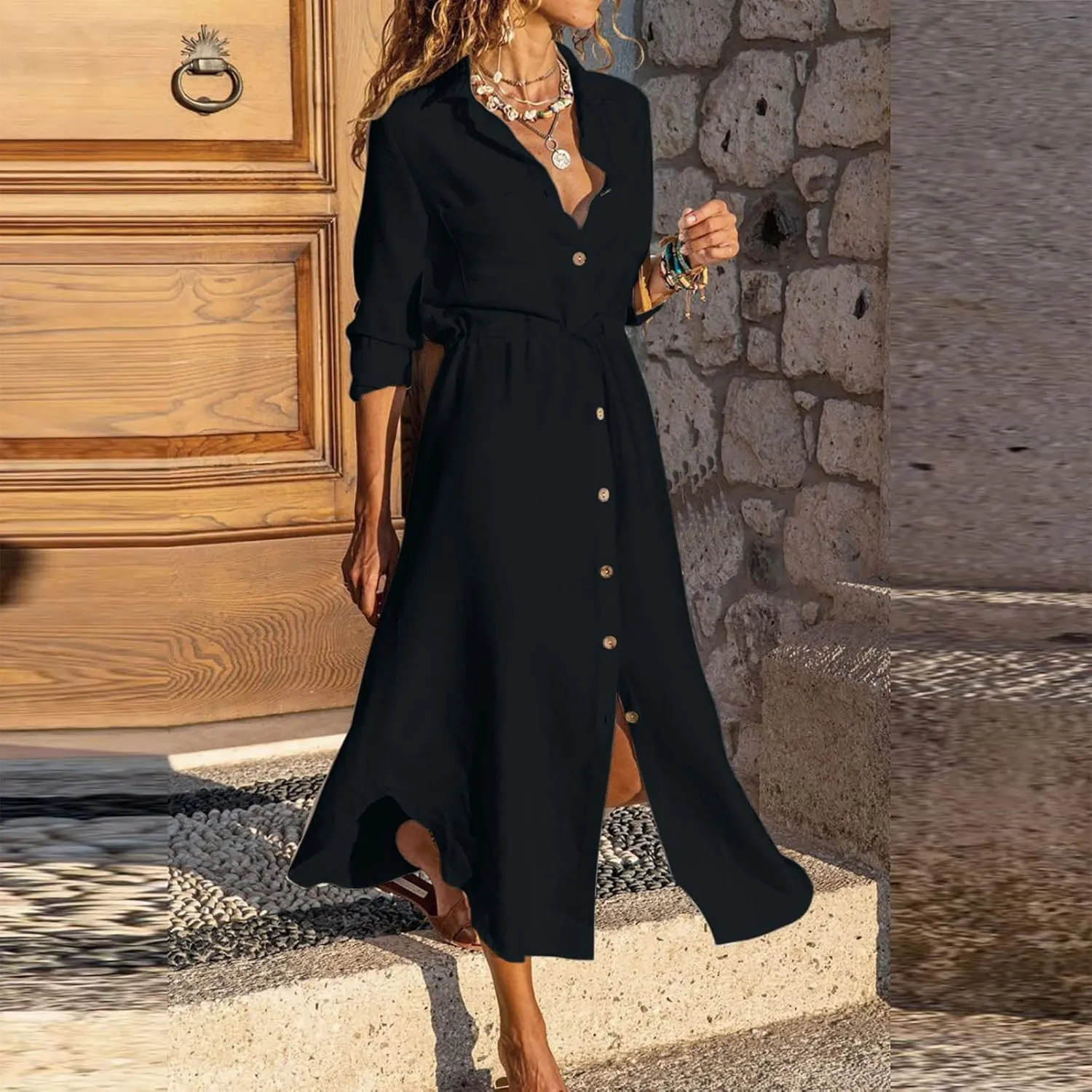 Women's Long Sleeve Cotton Linen Midi Dresses Solid Color Collared Tunic Dress Button Up Casual Beach Long Dress