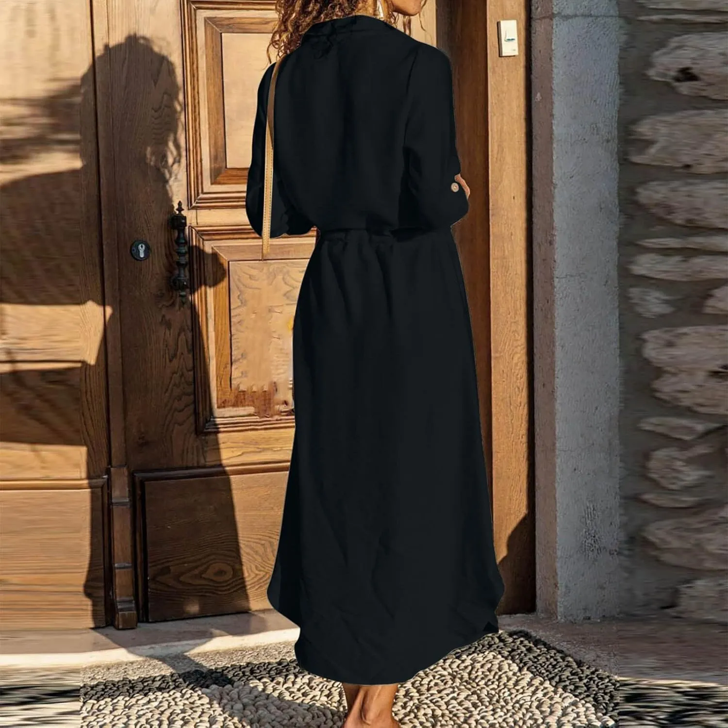 Women's Long Sleeve Cotton Linen Midi Dresses Solid Color Collared Tunic Dress Button Up Casual Beach Long Dress