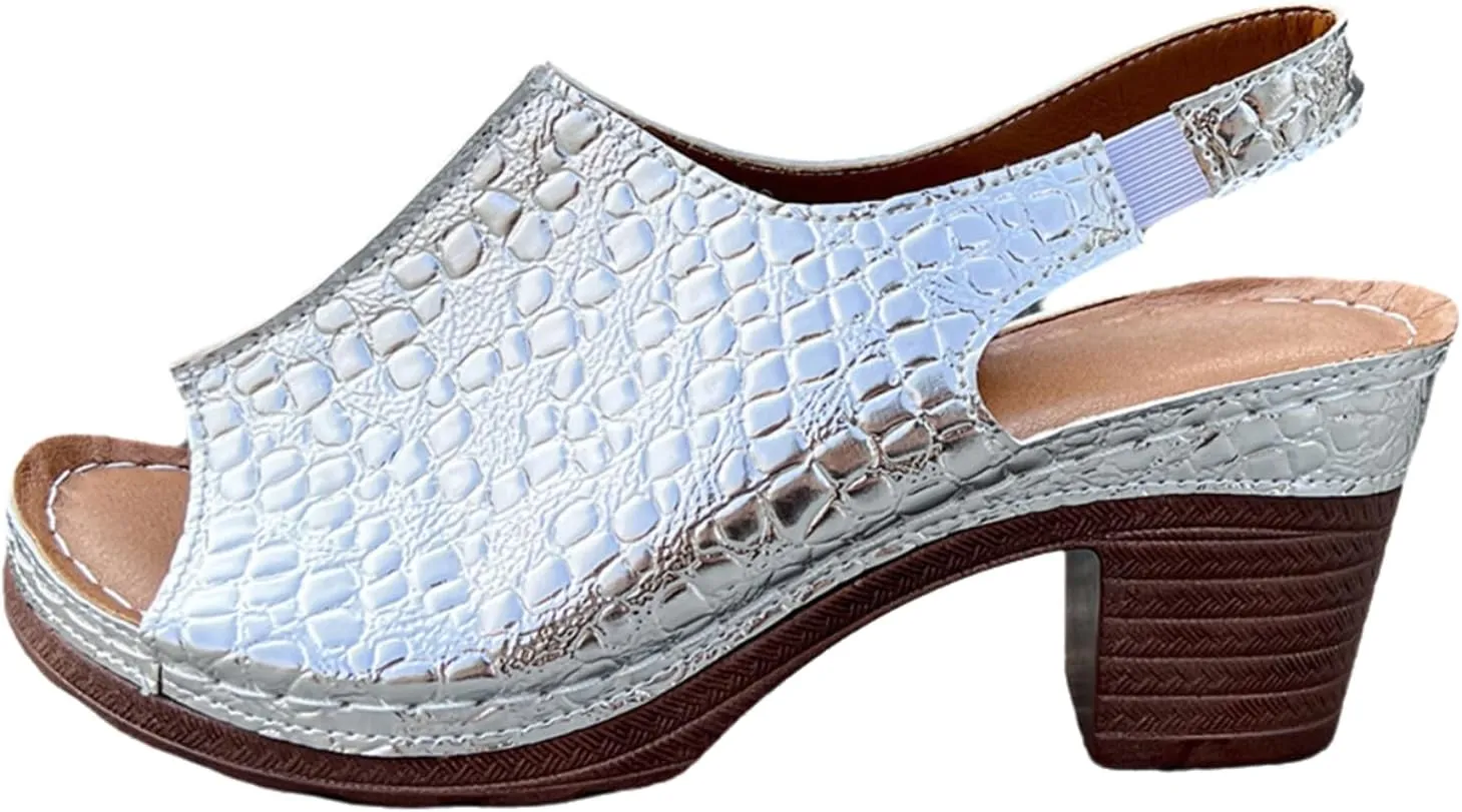 Women's Metallic Snake Print Ankle Strap High Heeled Sandals Summer Lightweight Thick Bottom Fashion One Foot Stirrup Open Toe Comfortable Chunky Heel Waterproof Platform Sandals