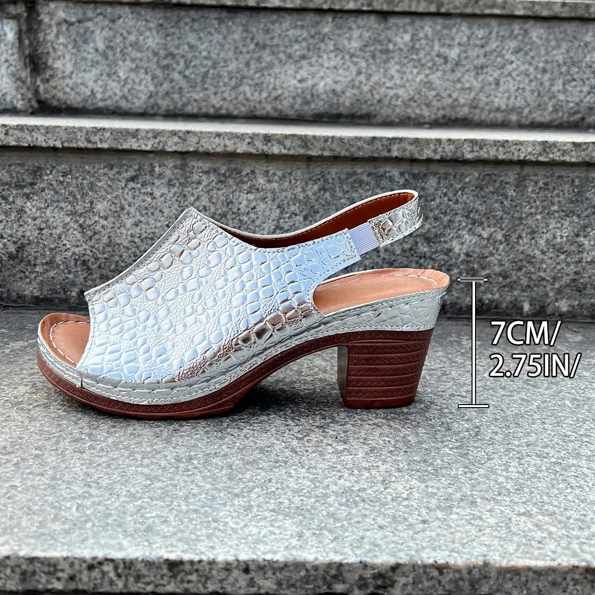Women's Metallic Snake Print Ankle Strap High Heeled Sandals Summer Lightweight Thick Bottom Fashion One Foot Stirrup Open Toe Comfortable Chunky Heel Waterproof Platform Sandals