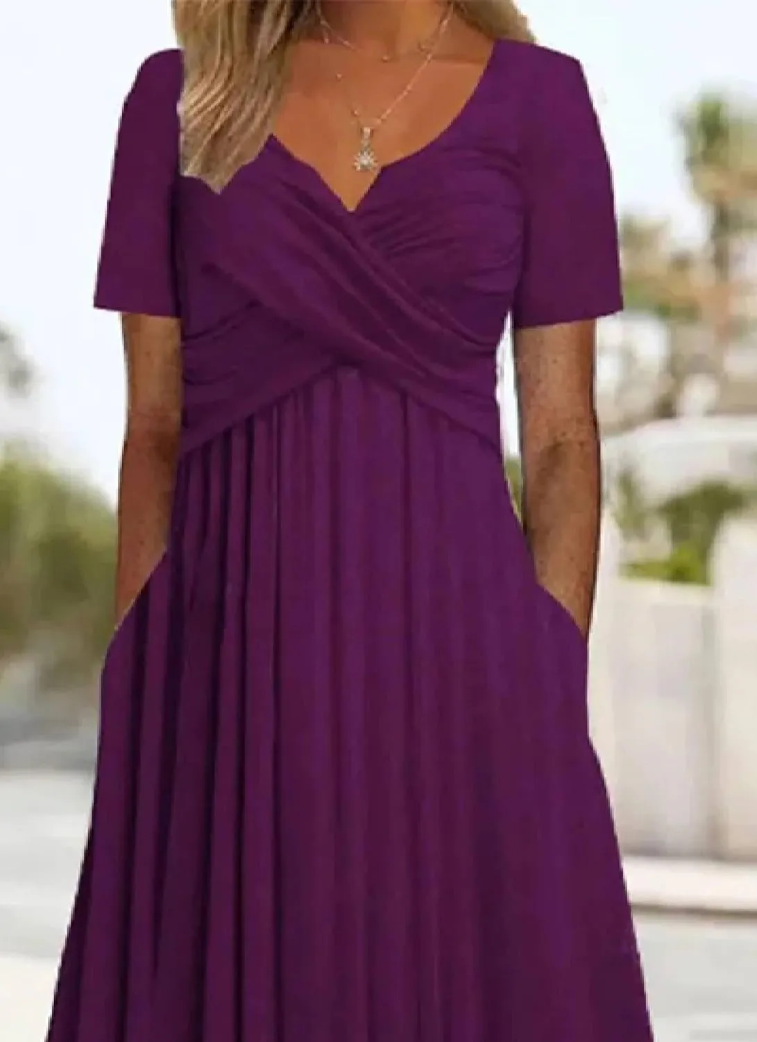 Women's Midi Dress Purple Short Sleeve V Neck Ruffle Fashion 2025 Summer Spring Daily Holiday Dress