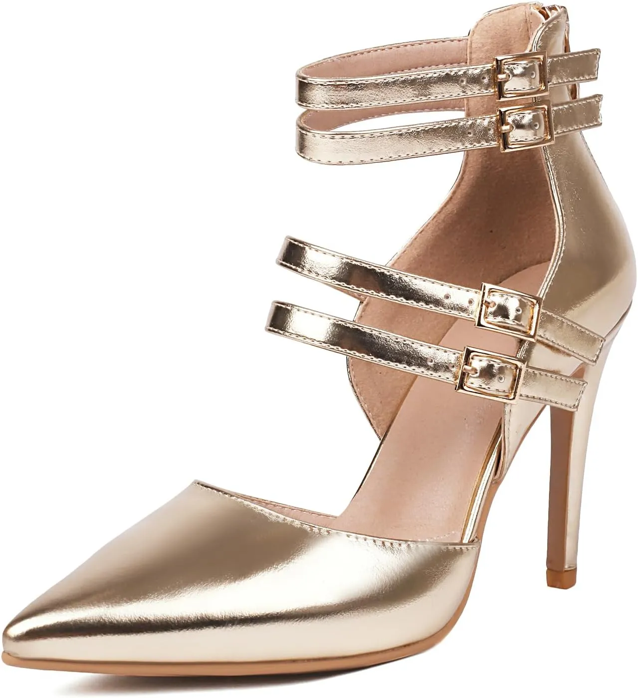 Women's Pointed Toe Heels Ankle Strap Stiletto 4" High Heels Closed Toe Pumps with Back Zipper
