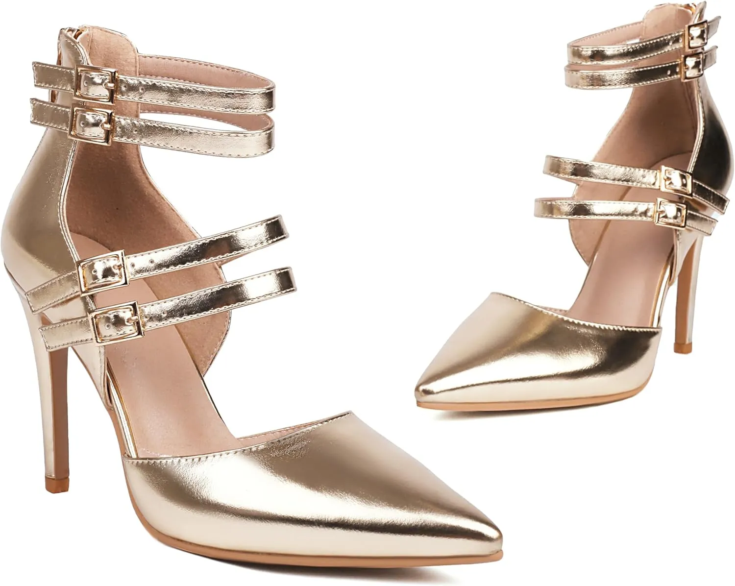 Women's Pointed Toe Heels Ankle Strap Stiletto 4" High Heels Closed Toe Pumps with Back Zipper