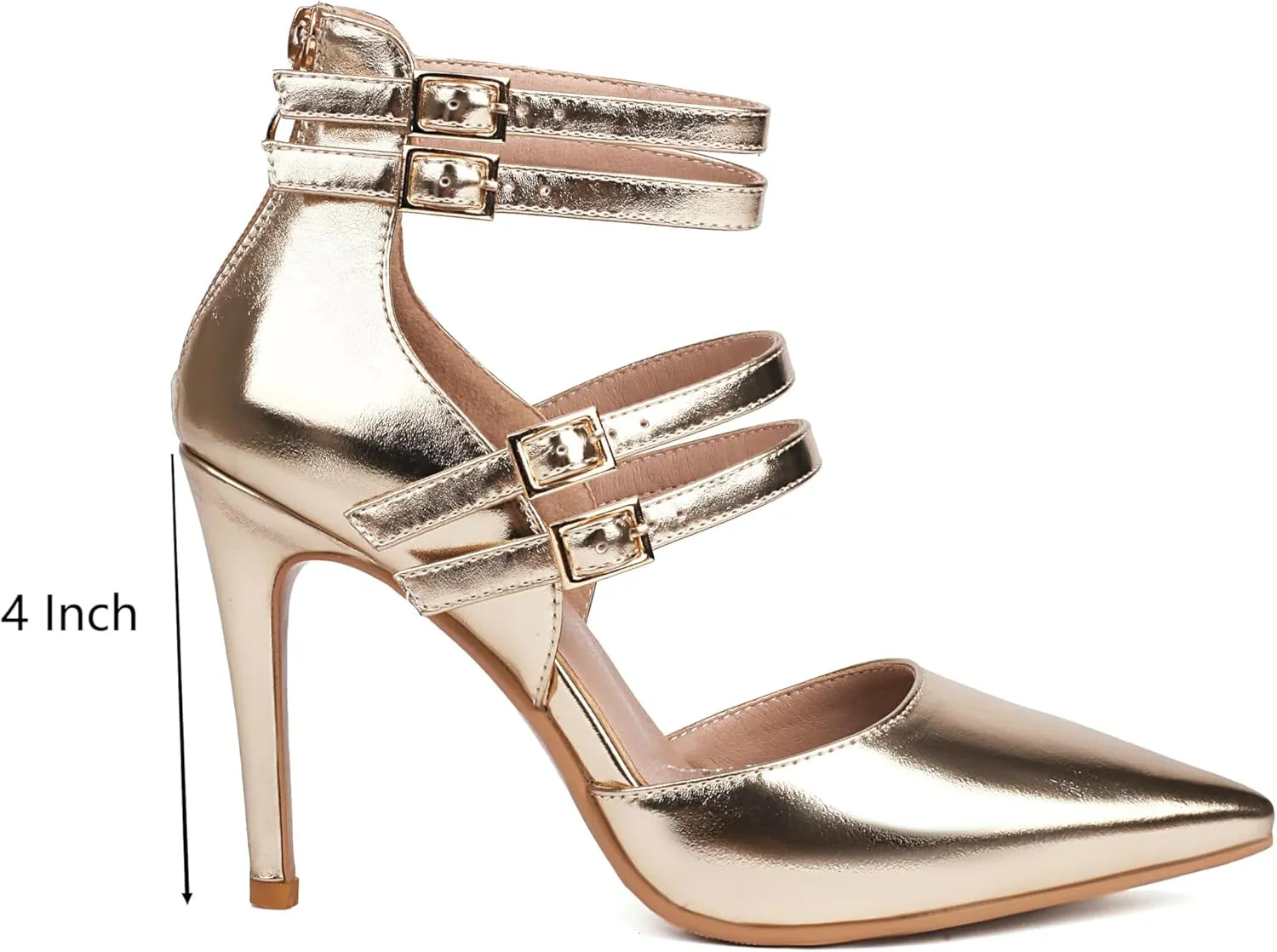 Women's Pointed Toe Heels Ankle Strap Stiletto 4" High Heels Closed Toe Pumps with Back Zipper