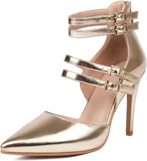 Women's Pointed Toe Heels Ankle Strap Stiletto 4" High Heels Closed Toe Pumps with Back Zipper