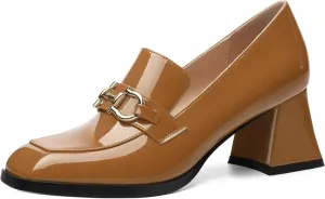 Women's Pump's, Square Toe British Style Loafers for Silver Metallic Buckle Women's Heels