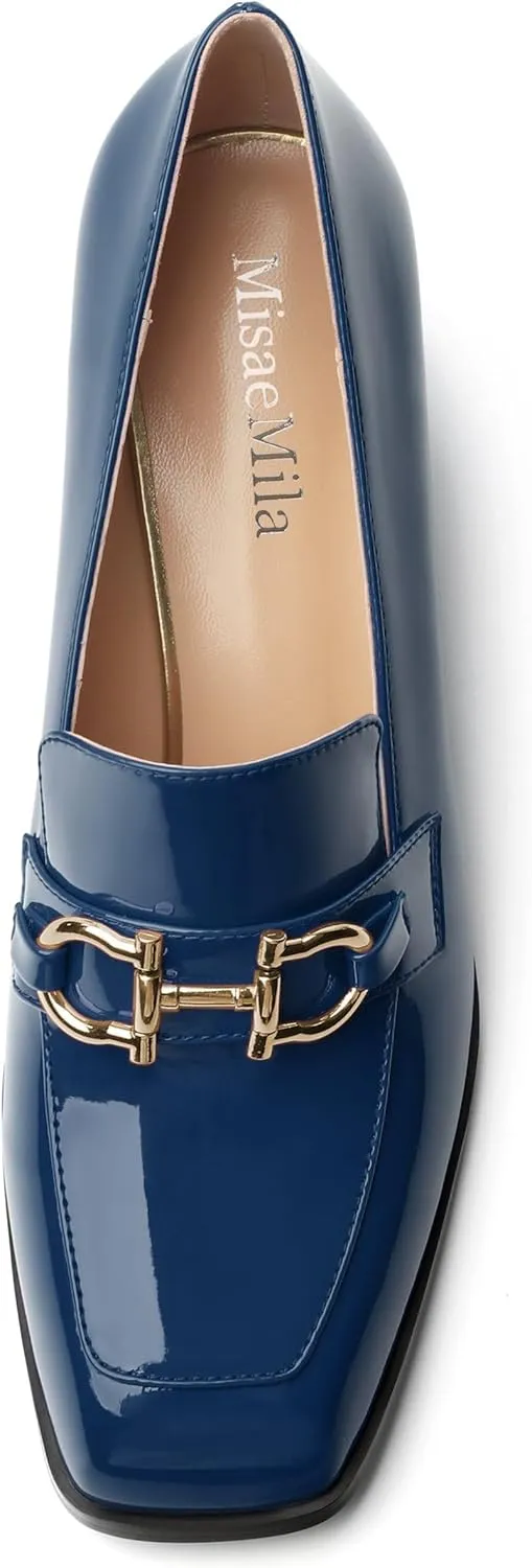 Women's Pump's, Square Toe British Style Loafers for Silver Metallic Buckle Women's Heels