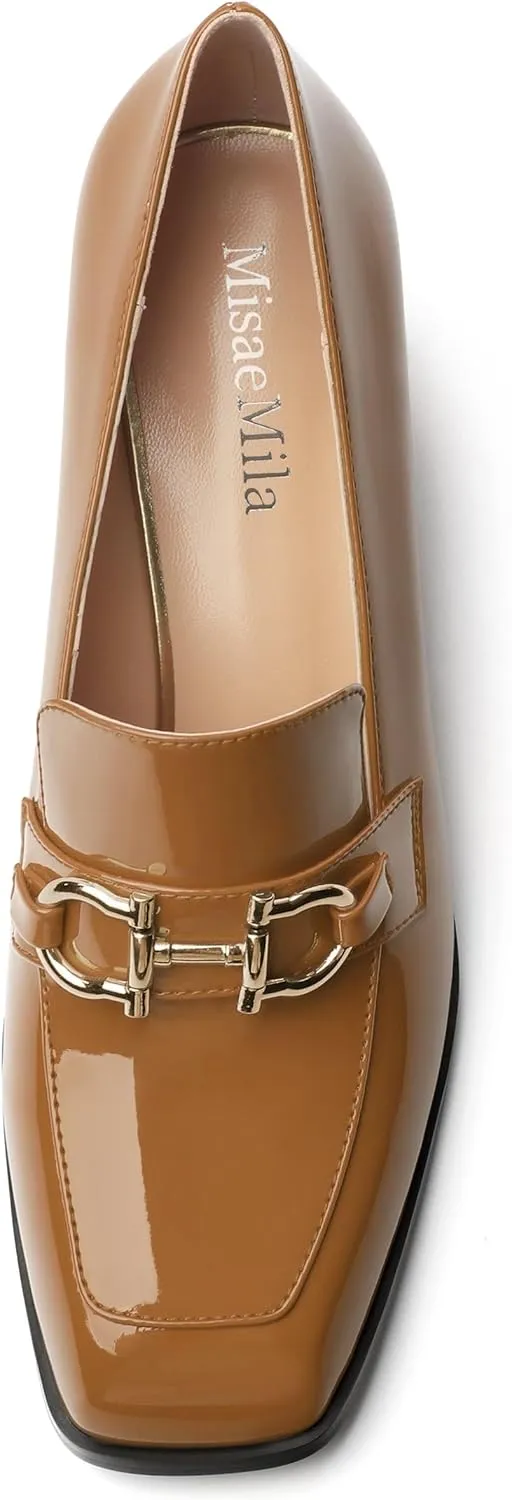 Women's Pump's, Square Toe British Style Loafers for Silver Metallic Buckle Women's Heels