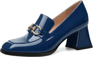 Women's Pump's, Square Toe British Style Loafers for Silver Metallic Buckle Women's Heels