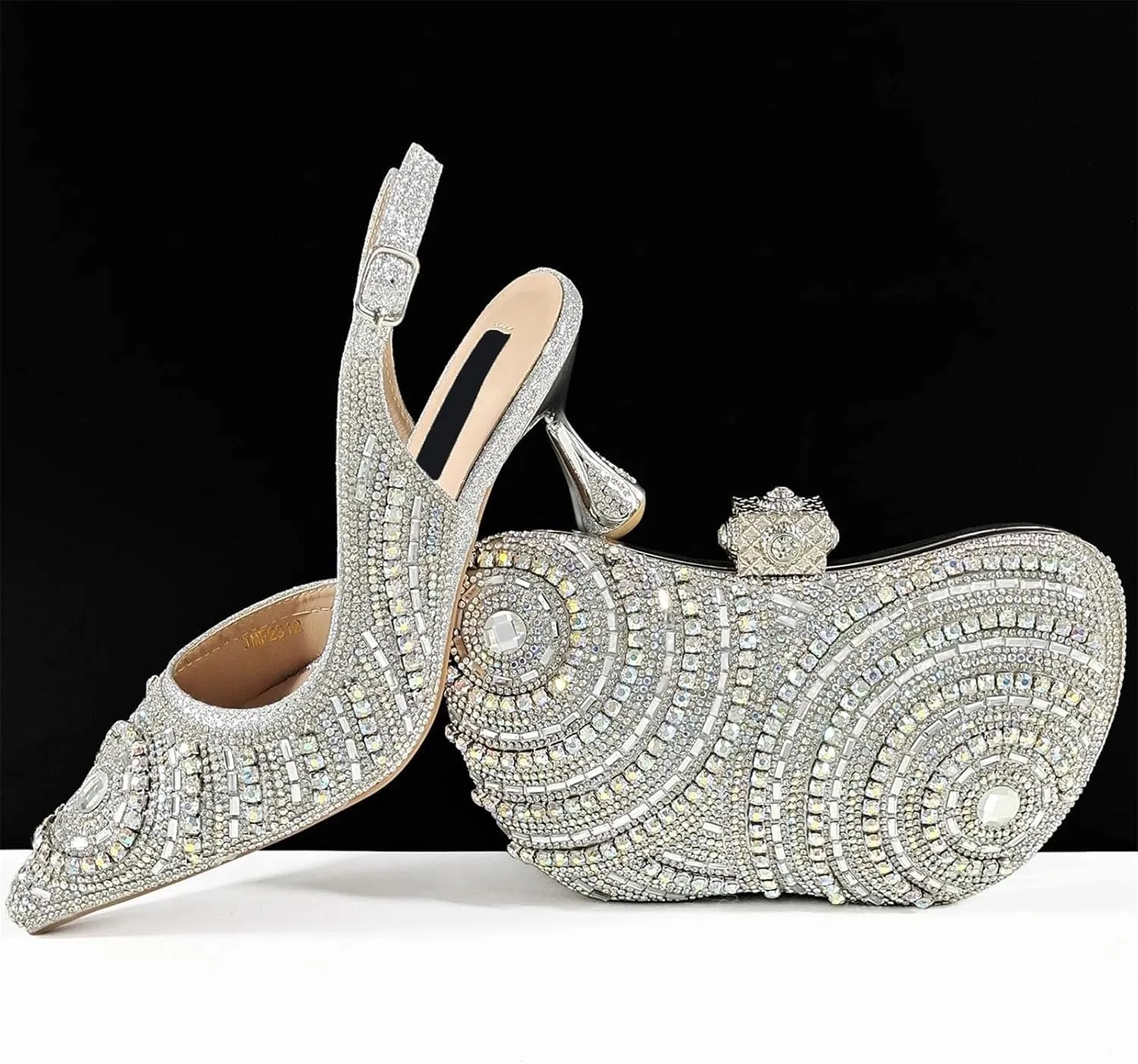 Women's Silver Mid-Heel Bridal Set - African Crystal Sandals & Beaded Clutch for Comfortable Ceremonies
