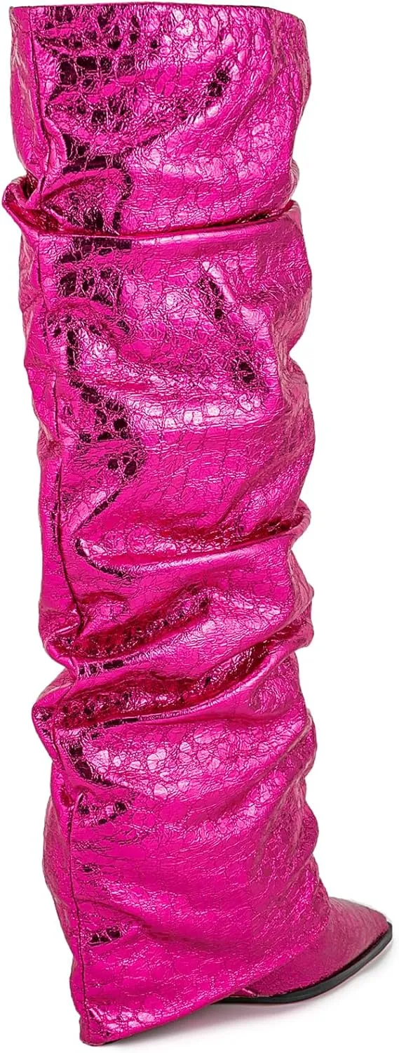 Women's Slouchy Ruched Wedge Knee High Boots - Metallic Fold Over, Glitter Pull On Tall Boots - Covered Wedges, Fashion Party Dancing Shoes