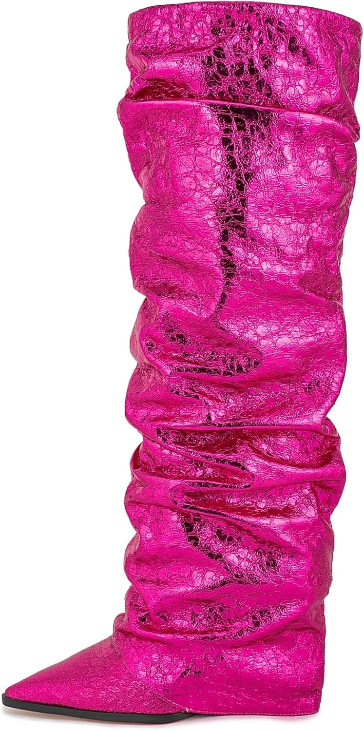 Women's Slouchy Ruched Wedge Knee High Boots - Metallic Fold Over, Glitter Pull On Tall Boots - Covered Wedges, Fashion Party Dancing Shoes