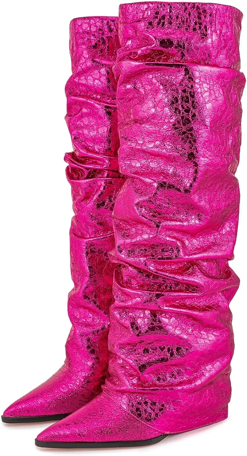 Women's Slouchy Ruched Wedge Knee High Boots - Metallic Fold Over, Glitter Pull On Tall Boots - Covered Wedges, Fashion Party Dancing Shoes