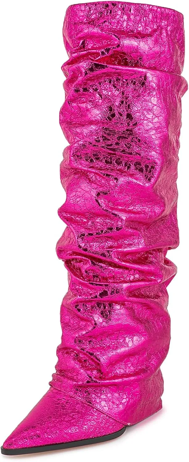 Women's Slouchy Ruched Wedge Knee High Boots - Metallic Fold Over, Glitter Pull On Tall Boots - Covered Wedges, Fashion Party Dancing Shoes