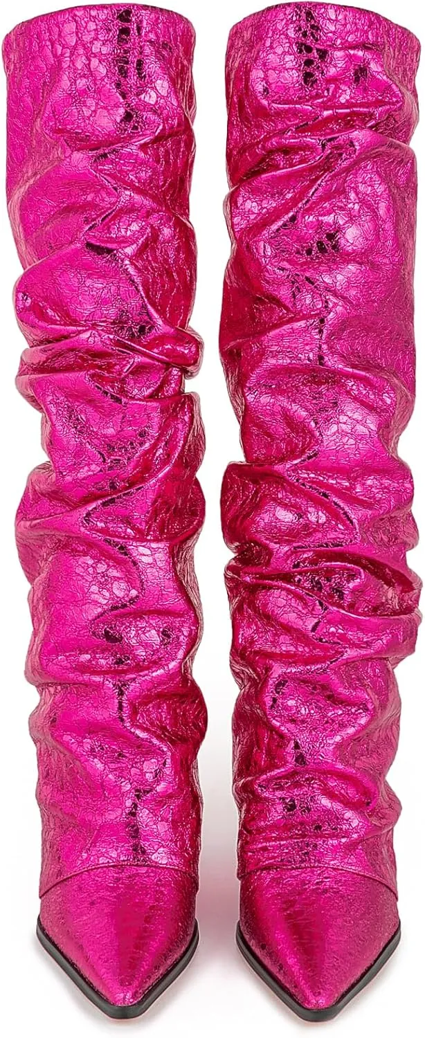 Women's Slouchy Ruched Wedge Knee High Boots - Metallic Fold Over, Glitter Pull On Tall Boots - Covered Wedges, Fashion Party Dancing Shoes