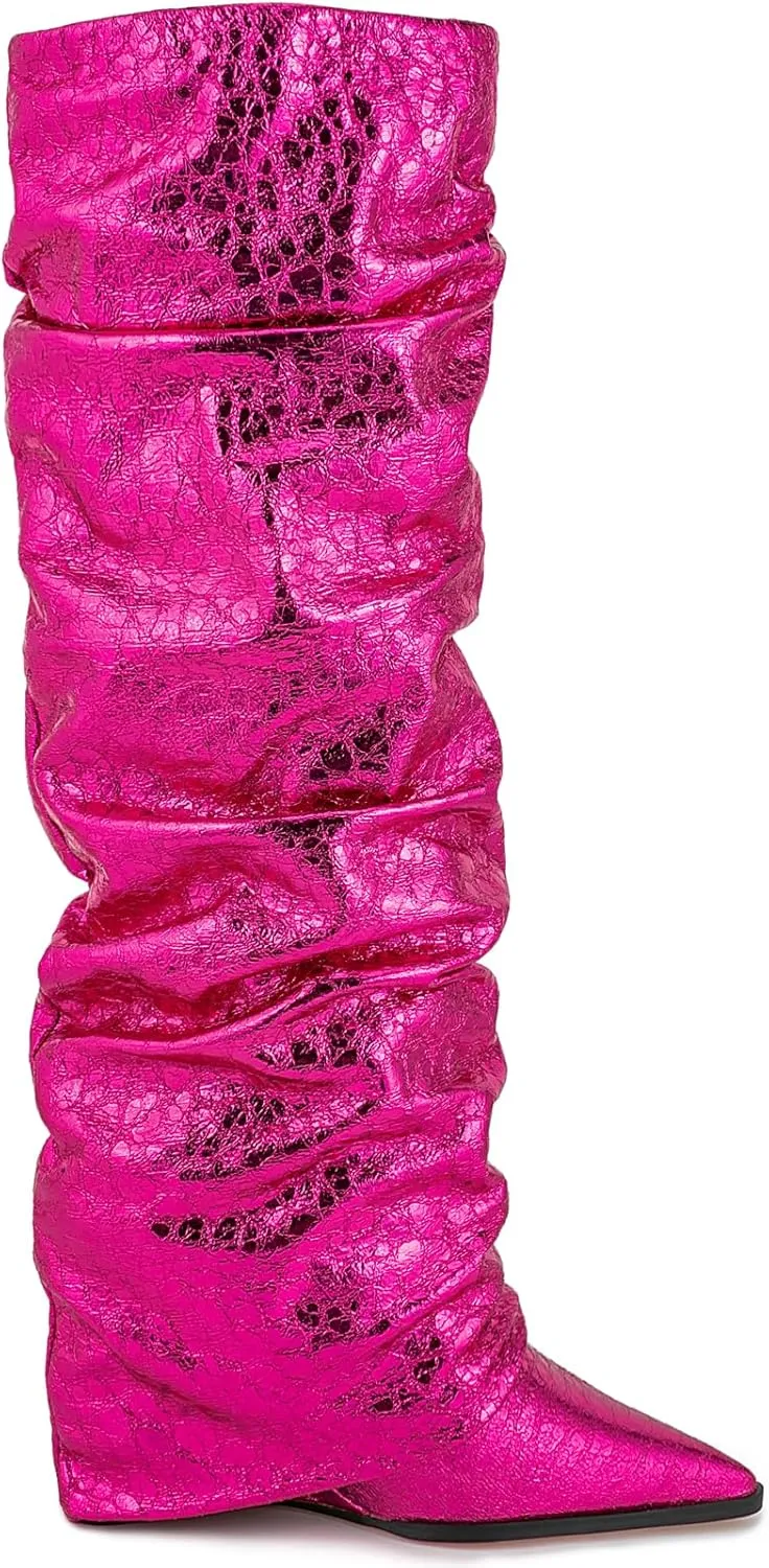 Women's Slouchy Ruched Wedge Knee High Boots - Metallic Fold Over, Glitter Pull On Tall Boots - Covered Wedges, Fashion Party Dancing Shoes