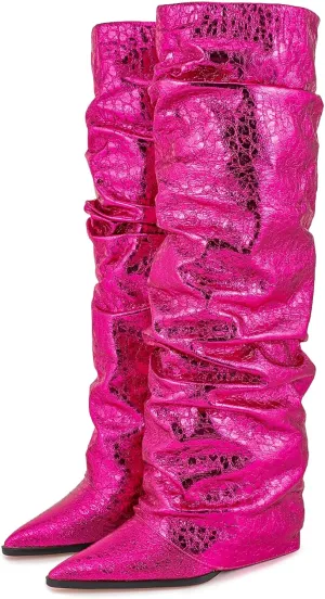 Women's Slouchy Ruched Wedge Knee High Boots - Metallic Fold Over, Glitter Pull On Tall Boots - Covered Wedges, Fashion Party Dancing Shoes