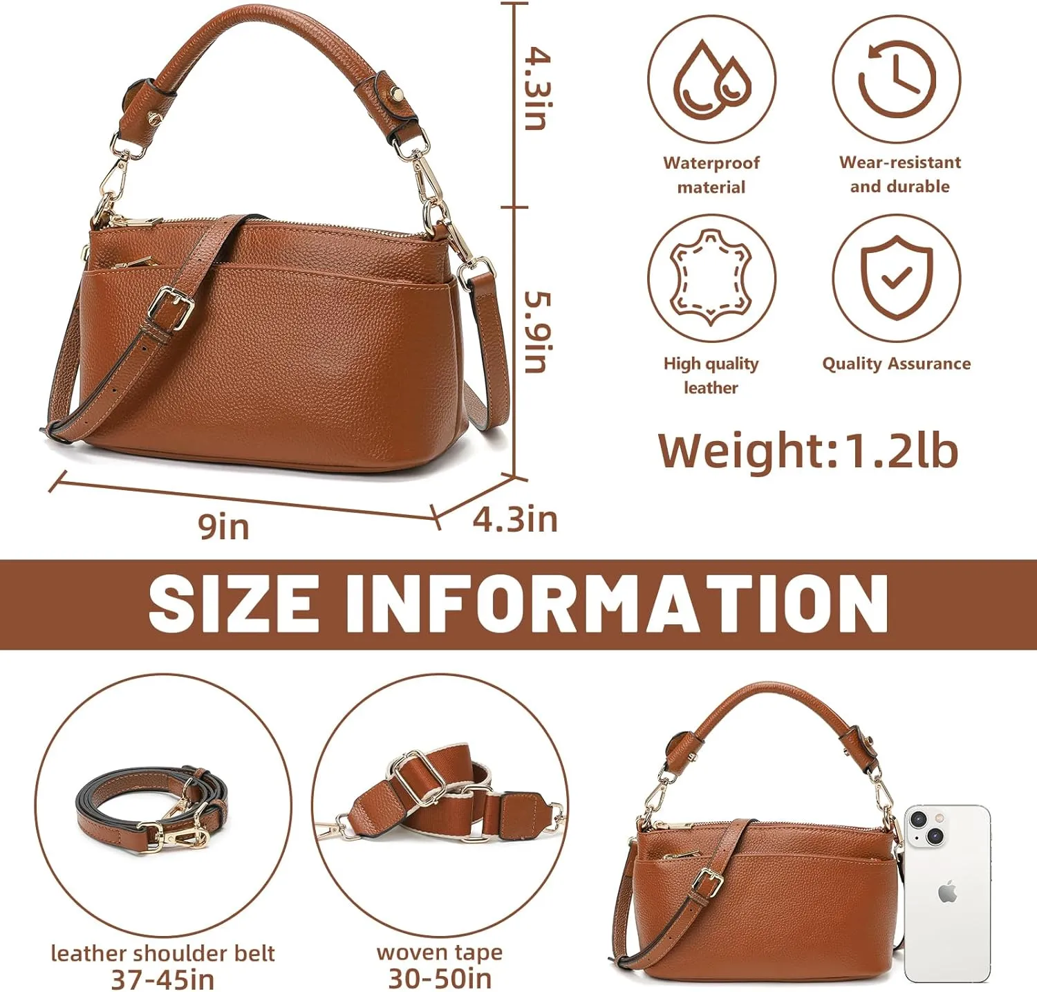 Women's Small Crossbody Bags Lady Cow Leather Shoulder Handbag Purse with 3 Shoulder Straps