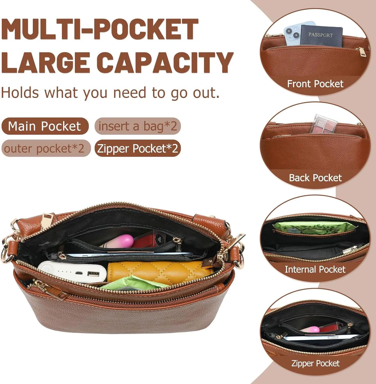 Women's Small Crossbody Bags Lady Cow Leather Shoulder Handbag Purse with 3 Shoulder Straps