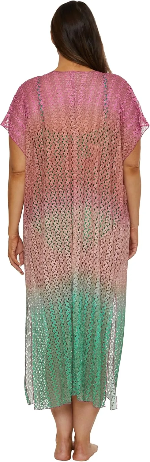 Women's Sunset Plus Size Crochet Ombre Tunic, Tie Front, Casual, Beach Cover Ups