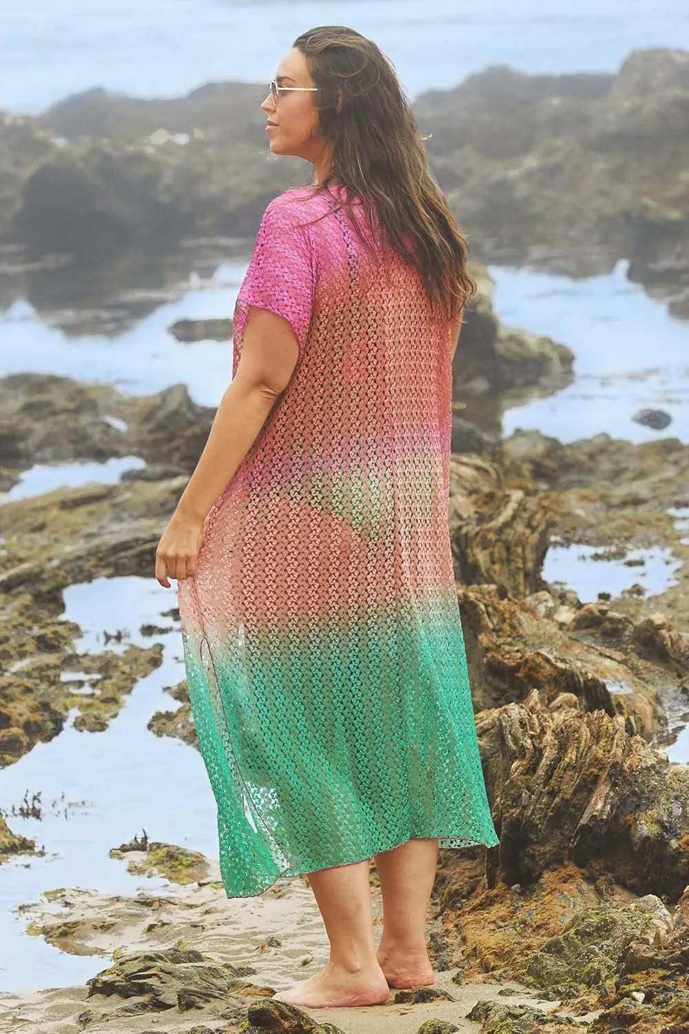 Women's Sunset Plus Size Crochet Ombre Tunic, Tie Front, Casual, Beach Cover Ups