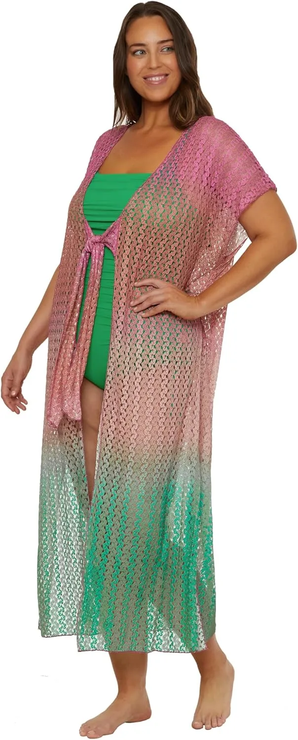 Women's Sunset Plus Size Crochet Ombre Tunic, Tie Front, Casual, Beach Cover Ups
